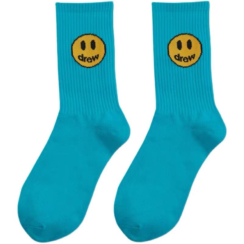 Drew Smiling Face Socks Lake Blue Rose Red Pure Cotton Men's and Women's Mid length Socks ins Trendy Street Skateboarding Sports Socks