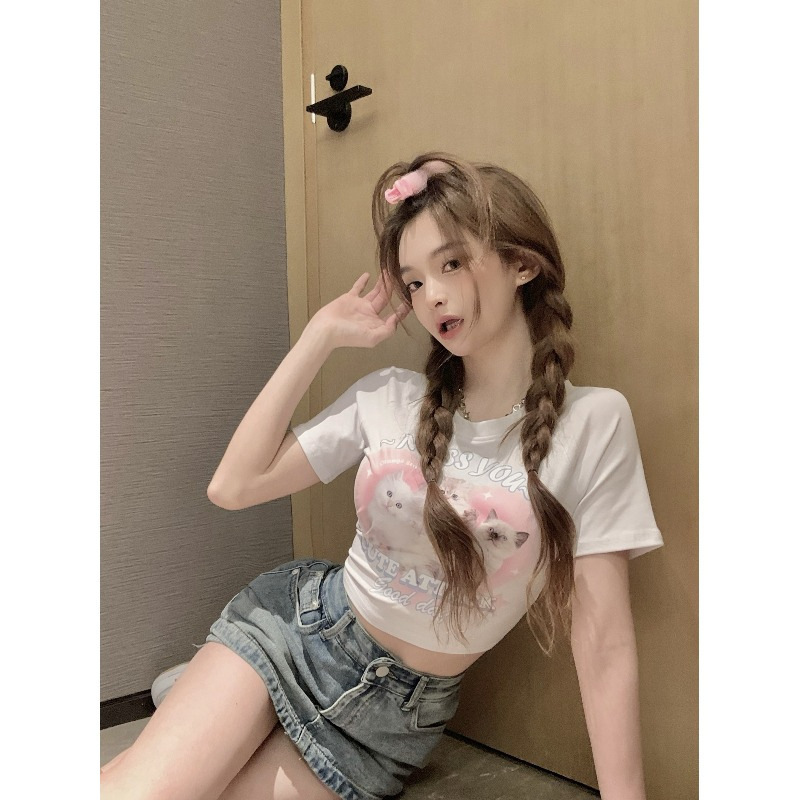 Cute Cat Print White Short-Sleeved T-Shirt for Women Summer 2025 New Slim Short Sexy Versatile Top Ins