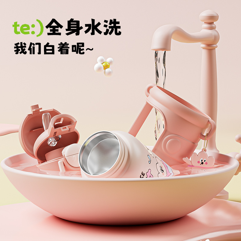 Taza de agua portátil de alto valor facial para niños encantadora bebida doble taza de paja de acero inoxidable resistente a la caída 316 taza de aislamiento de calor para niños