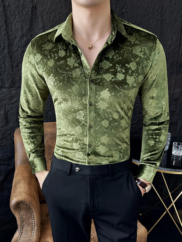 Foreign Trade Wholesale Men's New Velvet Light Luxury Long Sleeve Shirt Hanging Trendy Men's Slim Fit Base Non-ironing Elastic Shirt