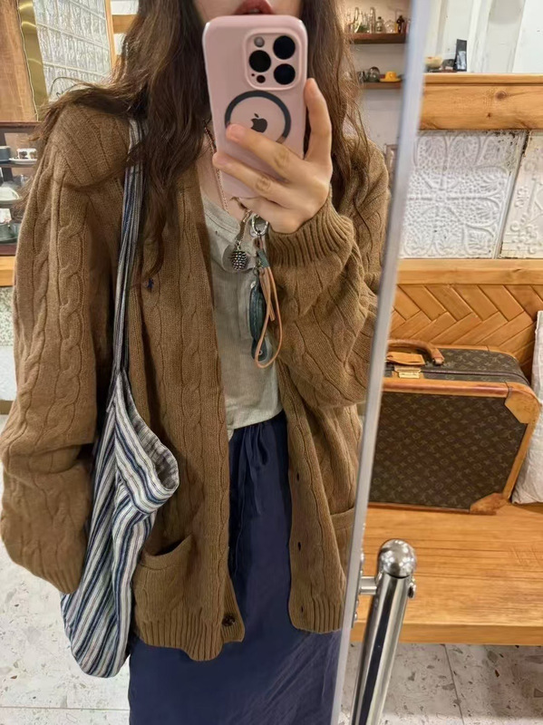 RL小马拉夫小麻花V领针织开衫百搭休闲时尚女外套长款两侧大口袋|undefined