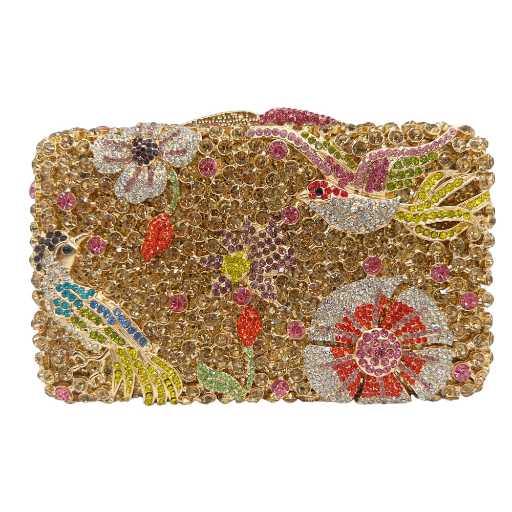 Túi clutch dạ hội nạm kim cương hoa hộp kim loại cứng — màu vàng