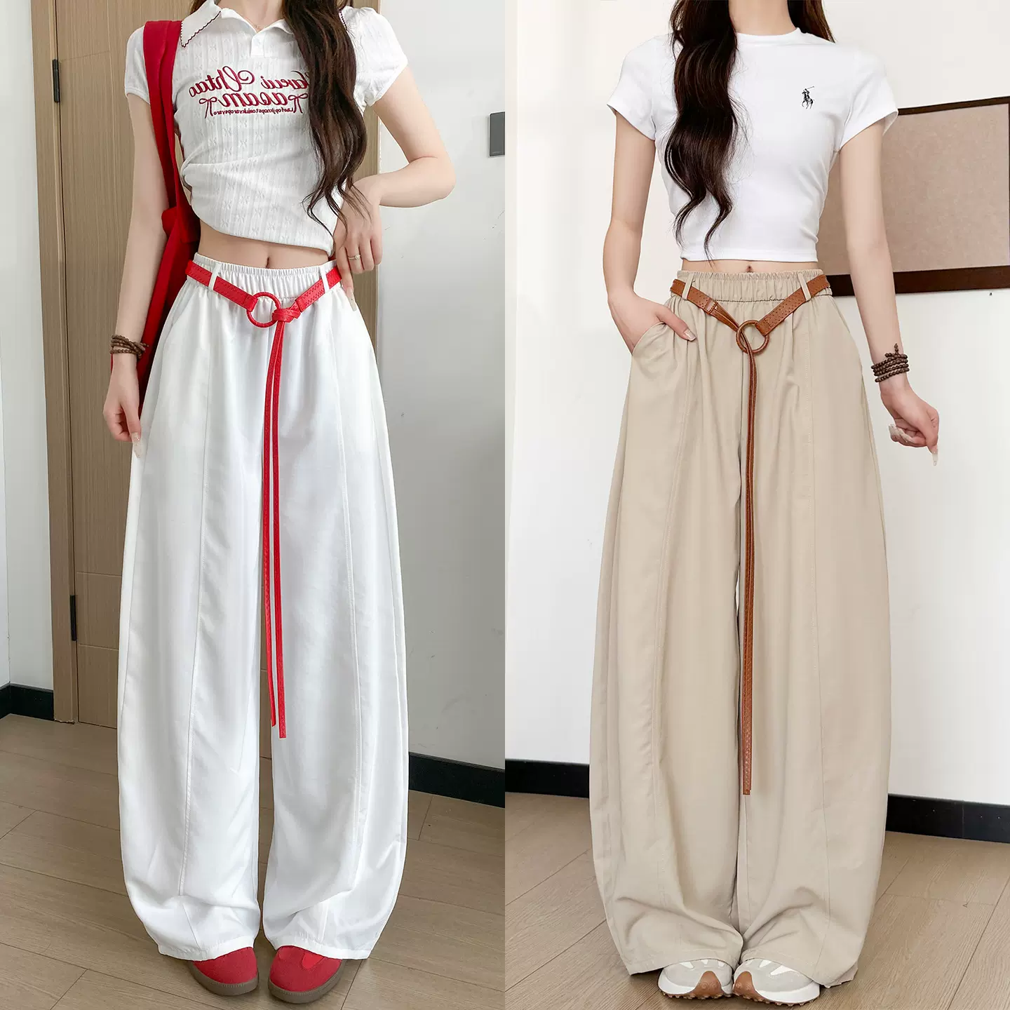 白色弯刀阔腿裤女夏季2026新款高腰垂感休闲初秋小个子宽松气球裤