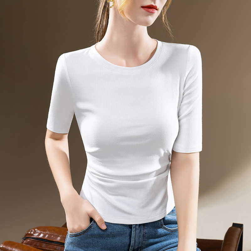 Camiseta de manga media para mujer 2023 nuevas mujeres de color sólido cuello redondo hilo media manga camiseta plisada cintura stretch top image 7