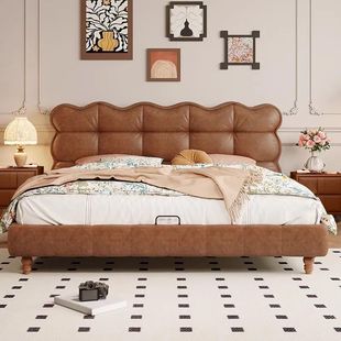 Leather Art Master Bedroom Large Bed, Mid-Century Style Bedroom, French Coffee Color Leather Art Soft Bag Double Retro Small Apartment High-End Wedding Bed
