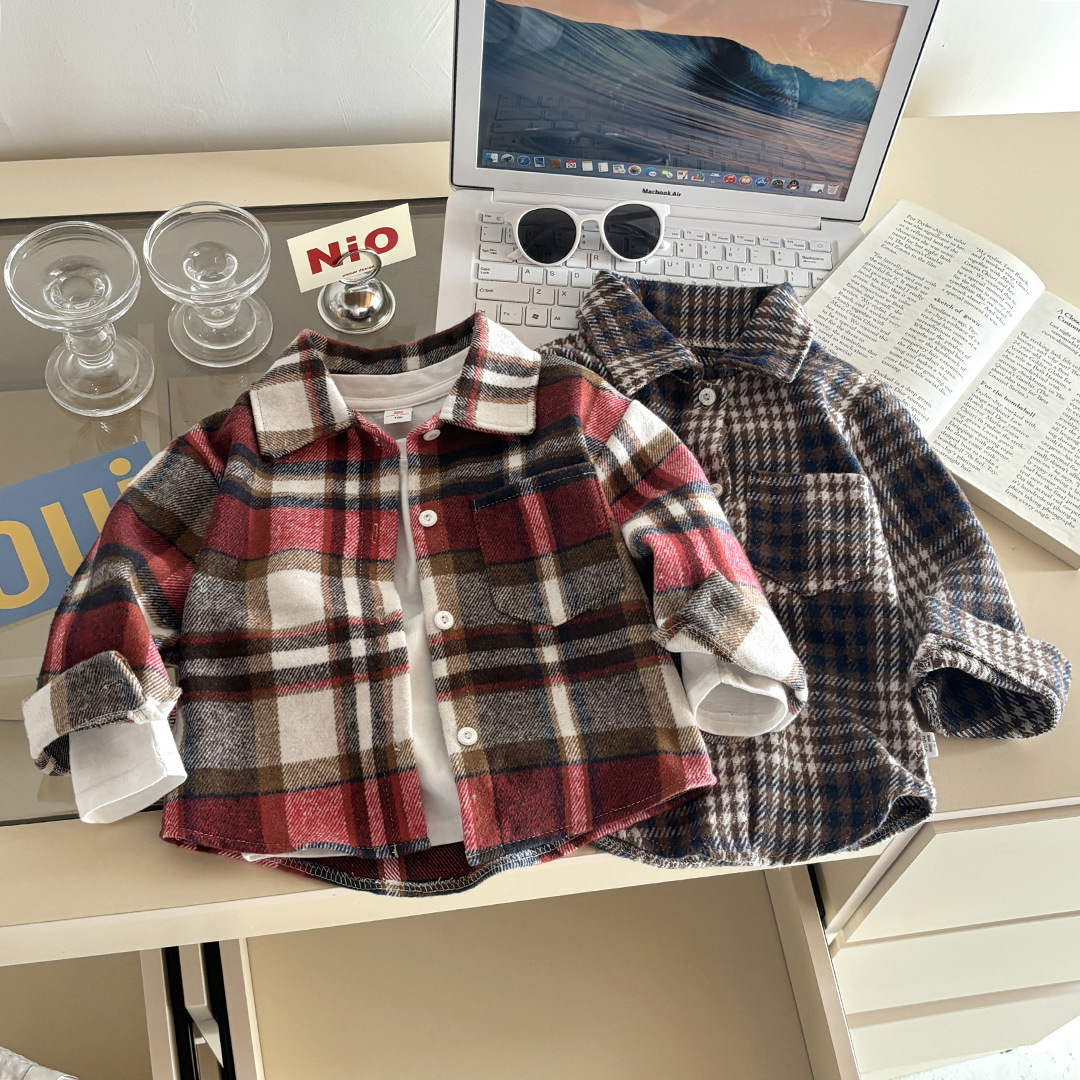 Boys' Shirts, Long-Sleeved Autumn Plaid Shirts, Kidsren's Retro Color-Blocked Cardigans, New Lapel Tops, Girls' Jackets