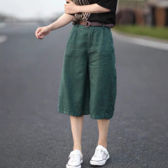 秋と夏の女性用の小さな綿とリネンのクロップドパンツ、文学的な綿とリネンのストレートミッドパンツ、スーツのワイドレッグパンツ、ルーズカジュアルパンツ