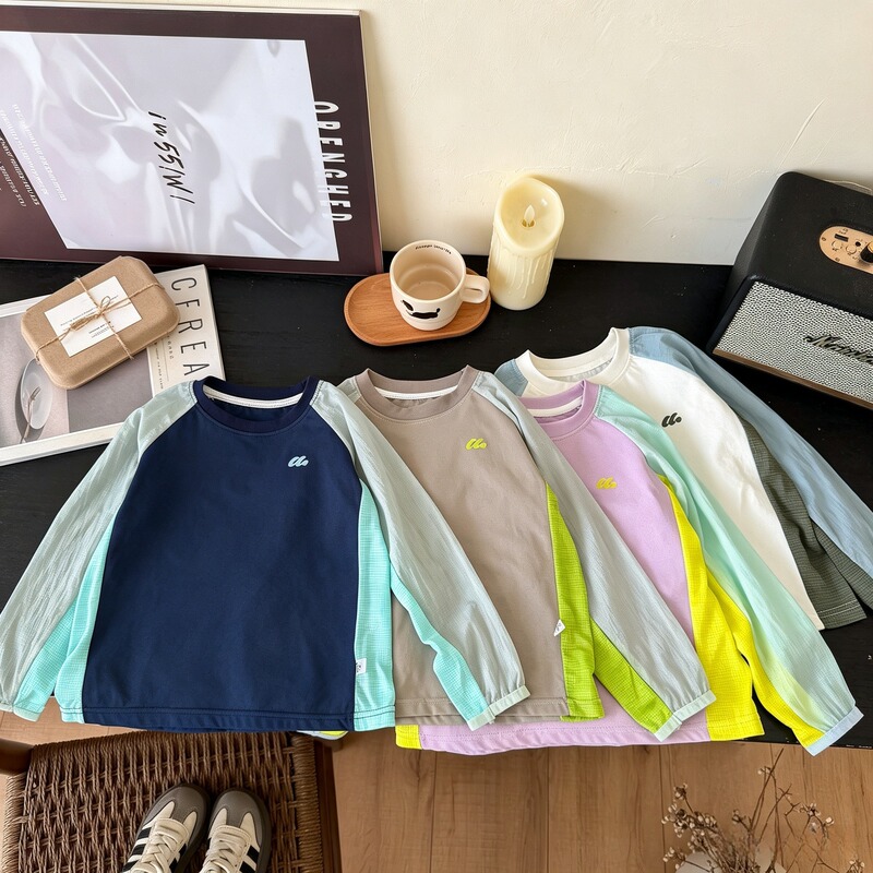 Children's New Summer Style Lightweight and Breathable Sports Outdoor Sun Protection Long-Sleeved Patchwork Tops T-Shirts for Boys and Girls