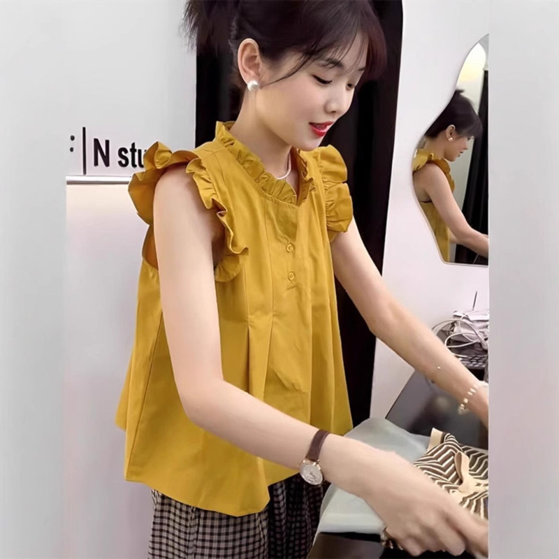 Fresh Fungus-Edged Flying Sleeve Shirt for Women's Summer Outer Wear Design Niche Romantic French Age-Reducing Doll Top