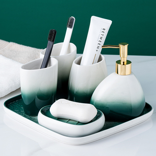 Gradient Green Ceramic Bathroom Five-Piece Toiletry Set Couple Brushing Teeth Mouthwash Cup Bathroom Supplies Six-Piece Set