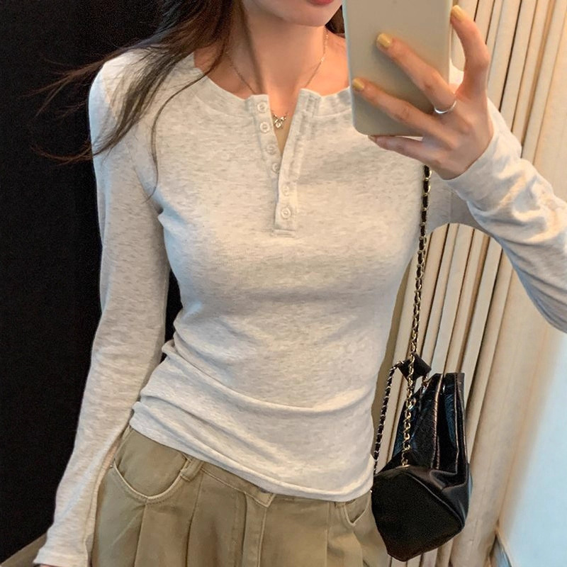 Korean-Style Straight-Shoulder Long-Sleeve T-Shirt for Women, Early Autumn Half-Open Collar Slim-Fit Sweet and Spicy Top Wholesale