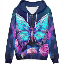 欧美蝴蝶印花连帽卫衣3D数码秋冬季拉链开衫外套外贸工厂跨境货源