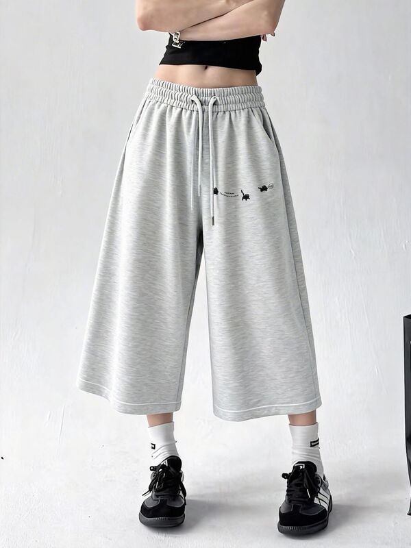 Minimalist Sports Style Cropped Wide-Leg Shorts for Men and Women, Summer Trendy Brand Loose High-Waisted Relaxed Mid-Length Pants Ins