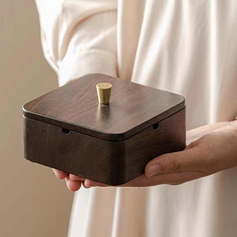 Ebony solid wood square ashtray with cover for home office windproof and fly ash-proof decorative ornaments fashionable ashtray