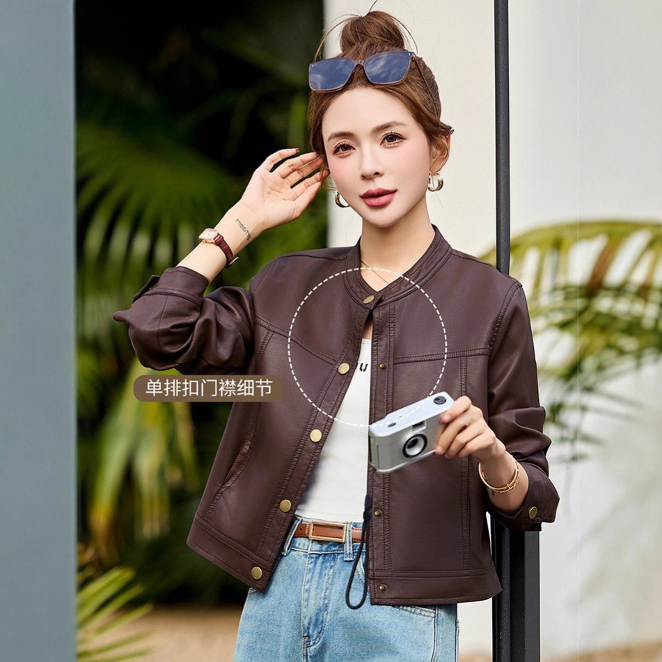 Haining PU leather jacket, women's short Korean style, motorcycle style, 2026 autumn and winter new high-end style.