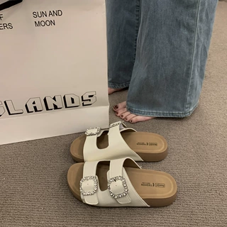 网红爆款银色复古厚底一字拖鞋女2025新款夏外穿配裙子勃肯凉拖鞋
