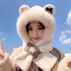 可爱小熊帽子围巾一体两件套女冬加绒加厚新款保暖毛绒帽连帽围脖