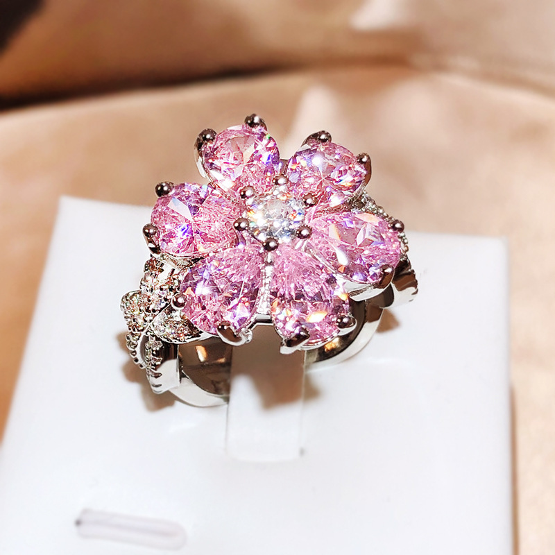 速卖通热卖粉色心形锆石戒指女跨境甜美粉钻戒指永爱时尚首饰