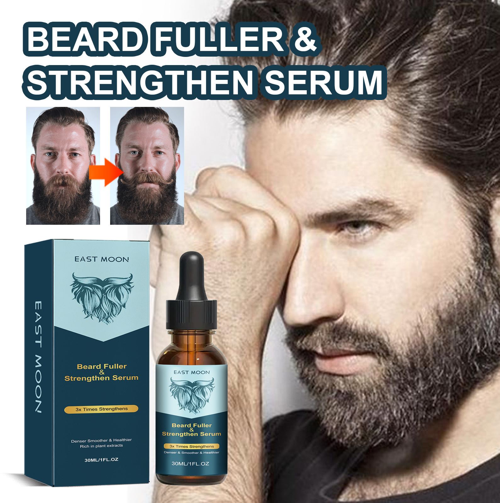 East Moon Liquid Soften Brighten Men's Beard Strong and Tenacious Fiber Roots Nourish Thick Care essence_voghion.com