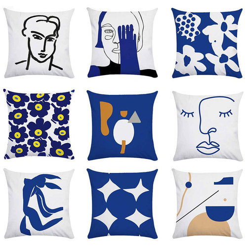 Nordic pillow ins light luxury style pillow case retro art abstract blue pillow custom flower sofa back