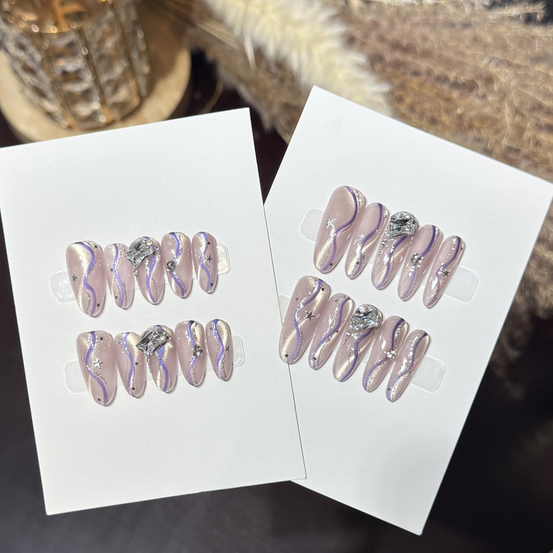 Daisyson [Purple Starry Sky] Elegant Lavender Cat Eye Nail Art with Zircon Square Diamonds Handmade Wearable Nail Tips