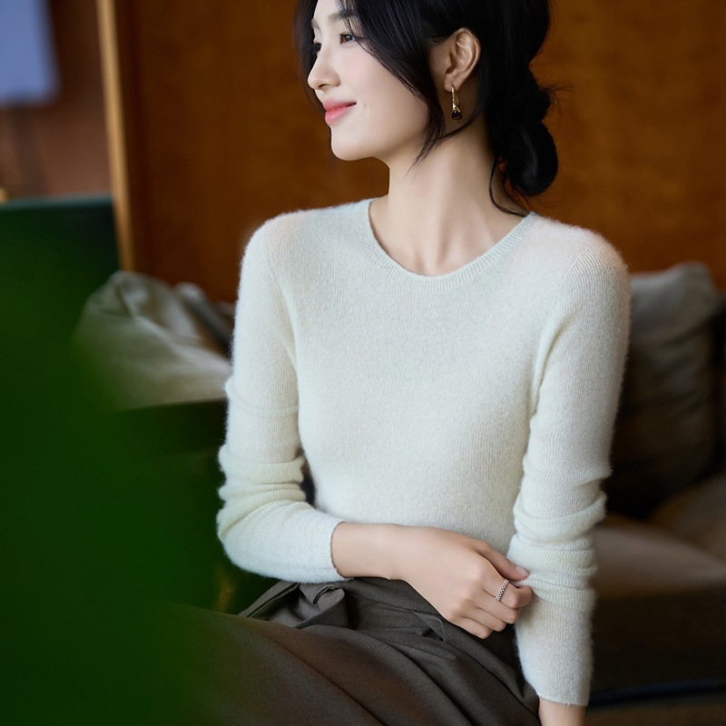 法式圆领无缝一体100羊毛针织衫女2025新款修身内搭毛衣打底衫|undefined