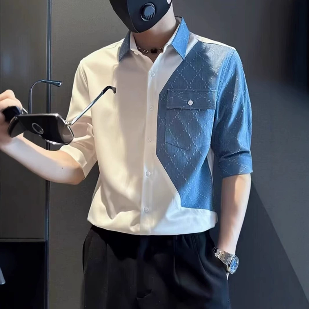 2025 гонконгский ветер новый летний рубашка мужская одежда сшитый джинсовый карман пятитадочный рукав рубашка средний рукав новый премиум-смысл