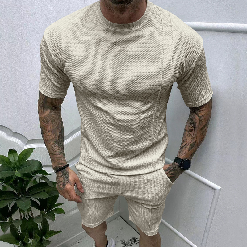 Nuevo Europa y los Estados Unidos transfronterizos ventas calientes para hombres de verano de color sólido pantalones cortos casuales de manga corta conjunto deportivo de verano conjunto de dos piezas