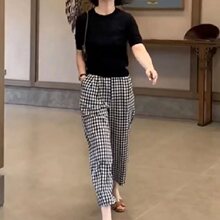 夏季黑白格子裤休闲裤女洋气韩版潮流网红百搭显瘦哈伦九分裤