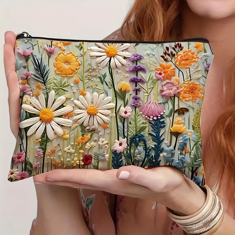 アマゾン越境販売 ポリエステル麻混紡 2Dデジタルプリント 刺繍風花柄キャンバス化粧ポーチ 花柄装飾|undefined