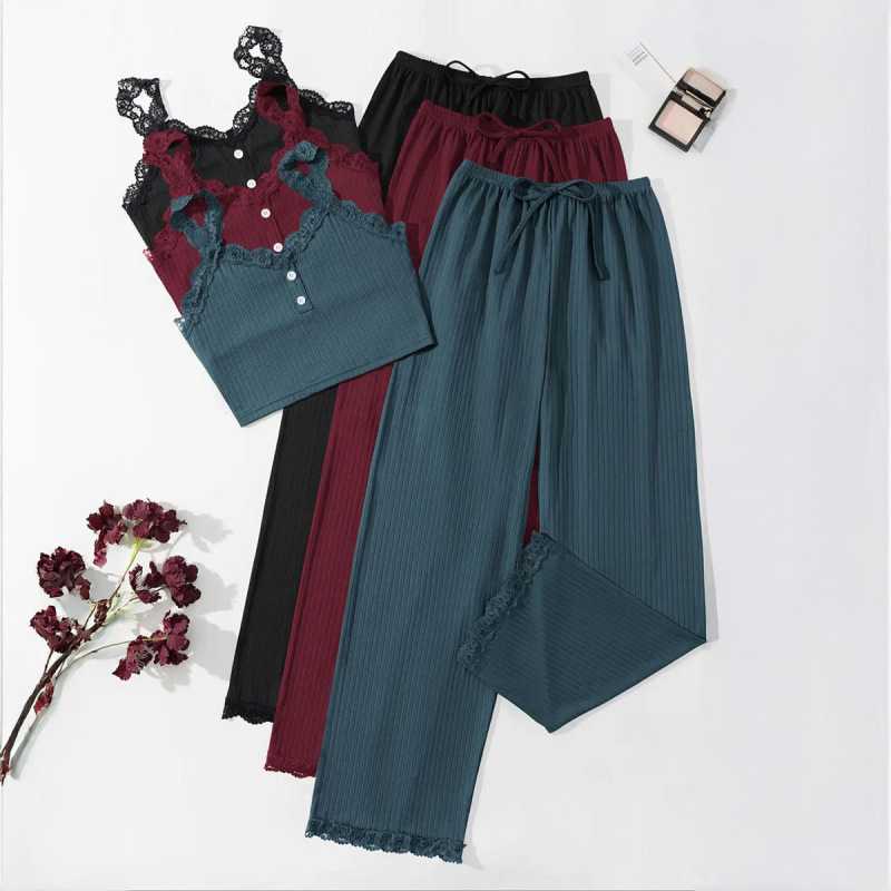 6-Piece Set of Lace-Trimmed Casual Camisole and Long Pants Set, Ribbed Fabric, Multi-Color Women's Pajamas 6Pc