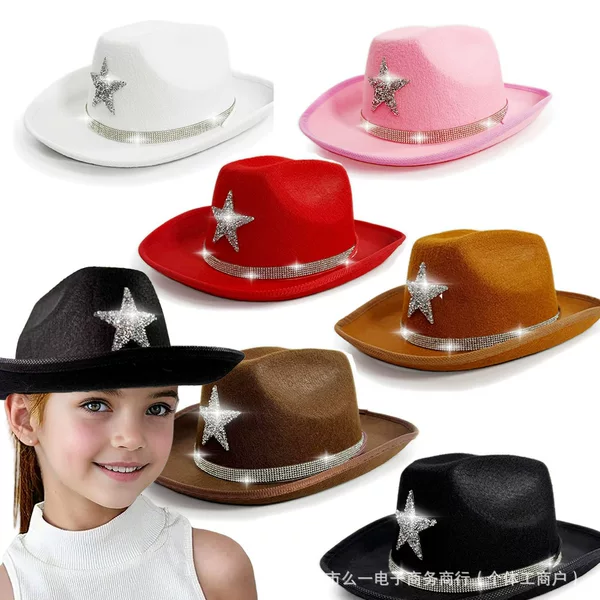 Children's Star Hot Diamond Western Cowboy Hat Mardi Gras Beach Party Kidsren's Pink Rhinestone Five-Pointed Star Hat