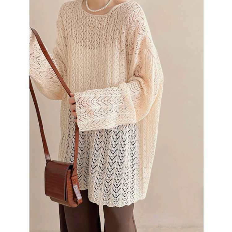 Lazy Style Loose Long-Sleeved Knitted Blouse 2025 New Autum Women's Fashionable Cut Out Slit Top