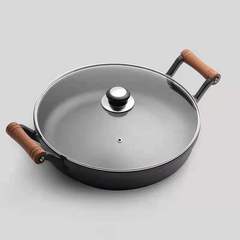 New style wooden handle deep-fried bao pot, thick cast iron flat pan, non-coated non-stick home use pancake pot hot pot