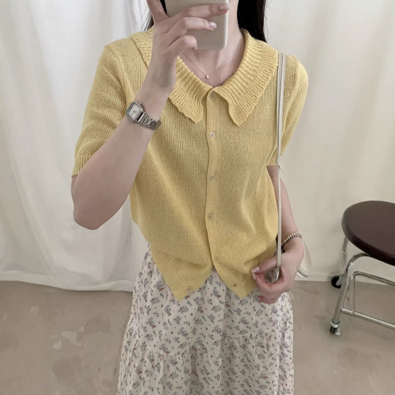 26 Spring/Summer Korean-Style Sweet Ruffled Doll Collar and Paper Yarn Knitwear Breathable Thin Short-Sleeve Cardigan Top for Women