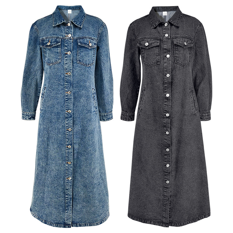Elegant Long Denim Coat For Women, Mid Blue And Black Trench Style Jacket, Versatile Career Outerwear For Fall_ecoleips.com