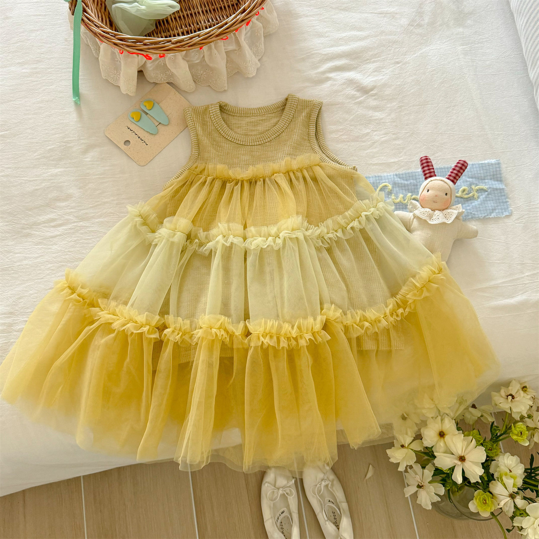 [Xianning Seven] Vestido de chaleco de costura de malla para niñas coreanas Falda larga de hadas Vestido de princesa de estilo occidental para bebés