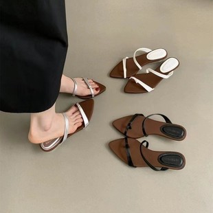 French-Style Pointed Wedge Mule Sandals for Women, Summer 2025 New Niche Thin Strap Roman Slip-On Sandals for Women
