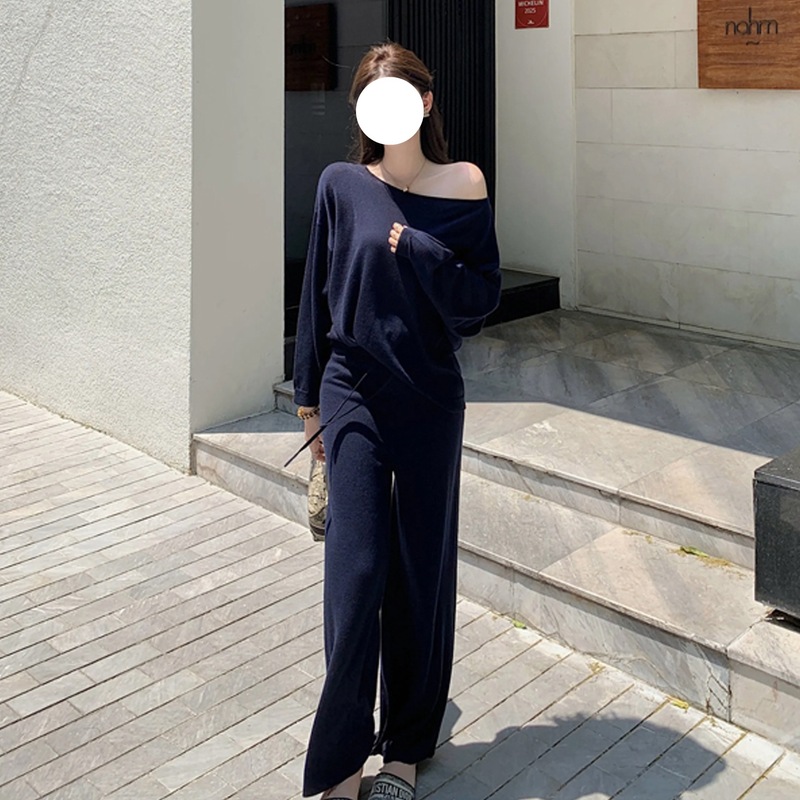 7659韩版慵懒风秋季新款设计感辣妹斜肩针织上衣松驰感阔腿裤套装|undefined