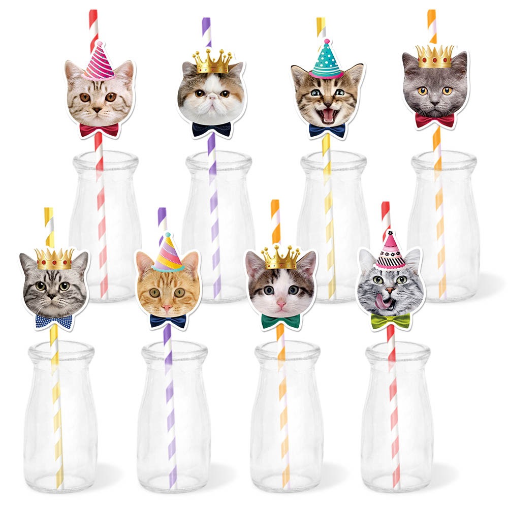 Tema de gato mascota decoración de fiesta de cumpleaños plug-in de pajita decoración de cara de gato tapón de pajita decoración de fiesta de cumpleaños