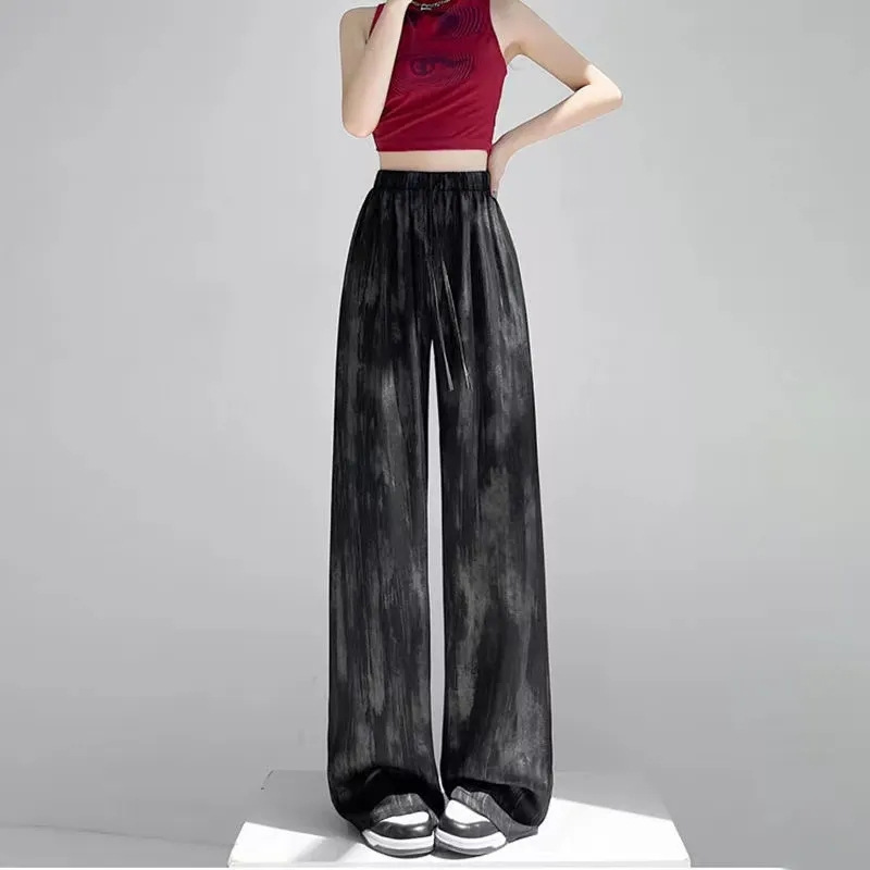 アイスシルクアセテートサテン絞り染めワイドレッグパンツ女性の夏ルーズストレートドレープカジュアルストレートレディースパンツドロップシッピング|undefined