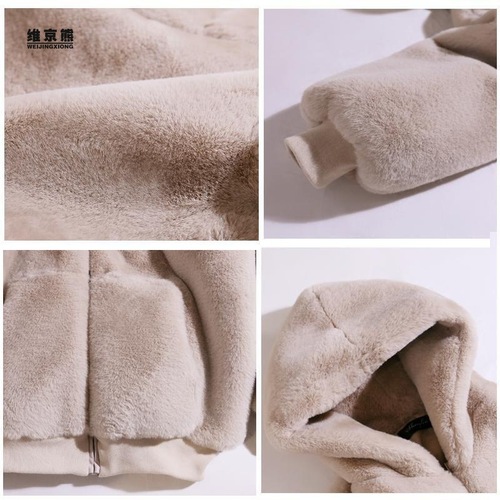 Korean style loose plush velvet coat for women winter imitation rex rabbit fur imitation fur mid-length large size thickened hooded coat