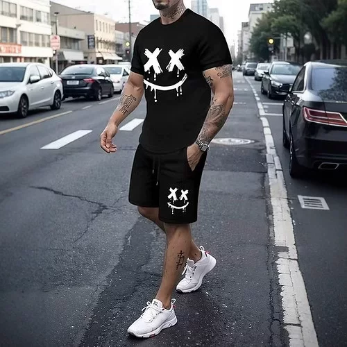 Round Neck Short-Sleeved Drawstring Shorts Cross-Border Hot Sale 3D Digital Printing Men's Suit T-Shirt Men's Sports Suit