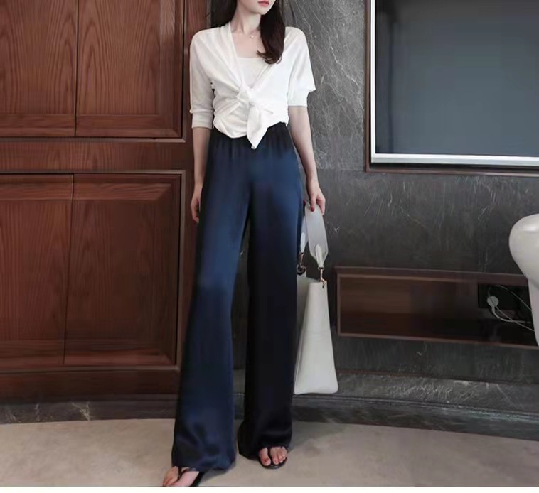 Quần âu nữ ống rộng chất liệu acetate satin cao cấp dáng xòe mùa hè — sâm panh chi tiết 7