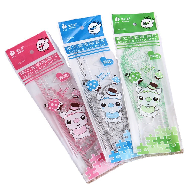 Venta al por mayor patrón de dibujos animados triángulo regla traje creativo escuela primaria estudiante 4 piezas combinación traje aprendizaje papelería recompensa regalo