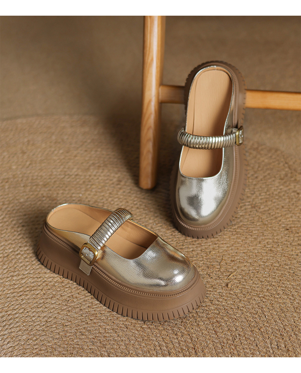 Dép sandal nữ đế dày 6cm mũi hở quai ngang Mary Jane — đen, vàng chi tiết 14