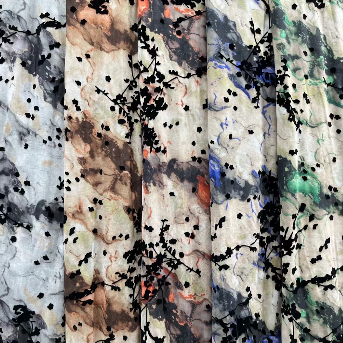 弹力网系列国风印花植绒 女装，服装，旗袍，面料