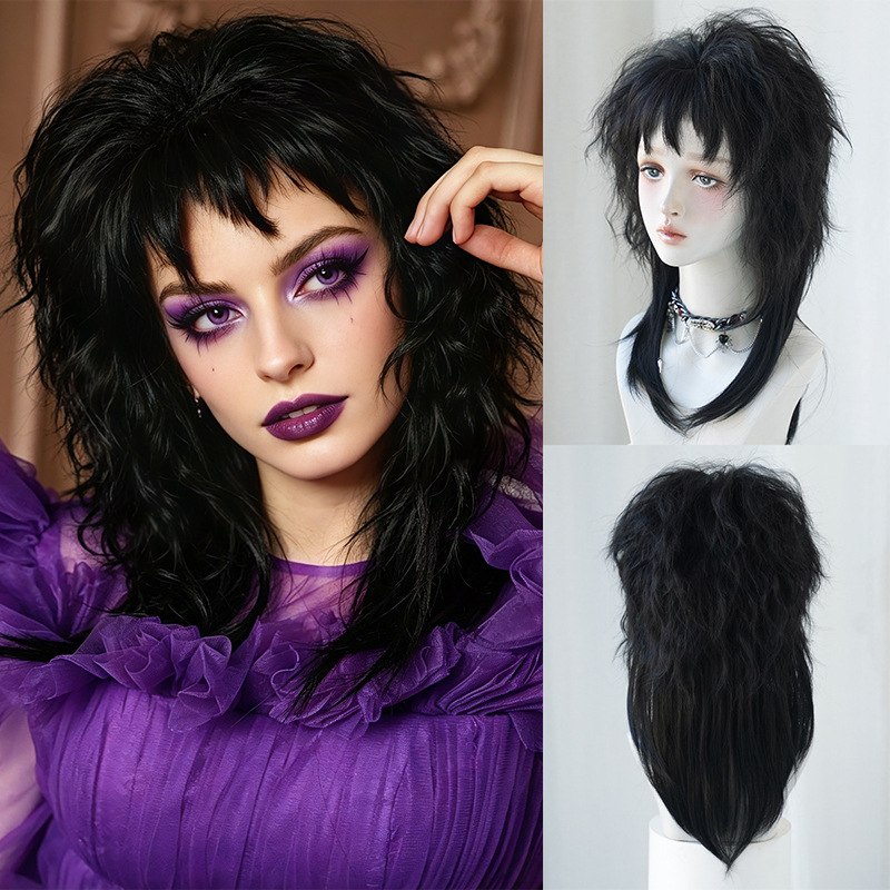 Gothic Style Black Wolf Tail Wig for Women, High-Layered Mullet Full Wig, Dark Rock Halloween Gothic Style Black Wolf Tail Wig for Women, High-Layered Mullet Full Wig, Dark Rock Halloween