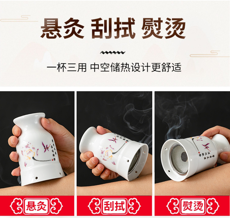 Ceramic Moxibustion Cup Gua Sha Jar Double Layer Heat Insulated Ash Grid Design for Home Meridian Care key features