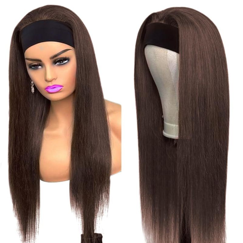 ブラウンストレート人毛ウィッグヨーロッパとアメリカのかつら人毛アイスシルクヘアバンドヘッドギアクロスボーダー|undefined